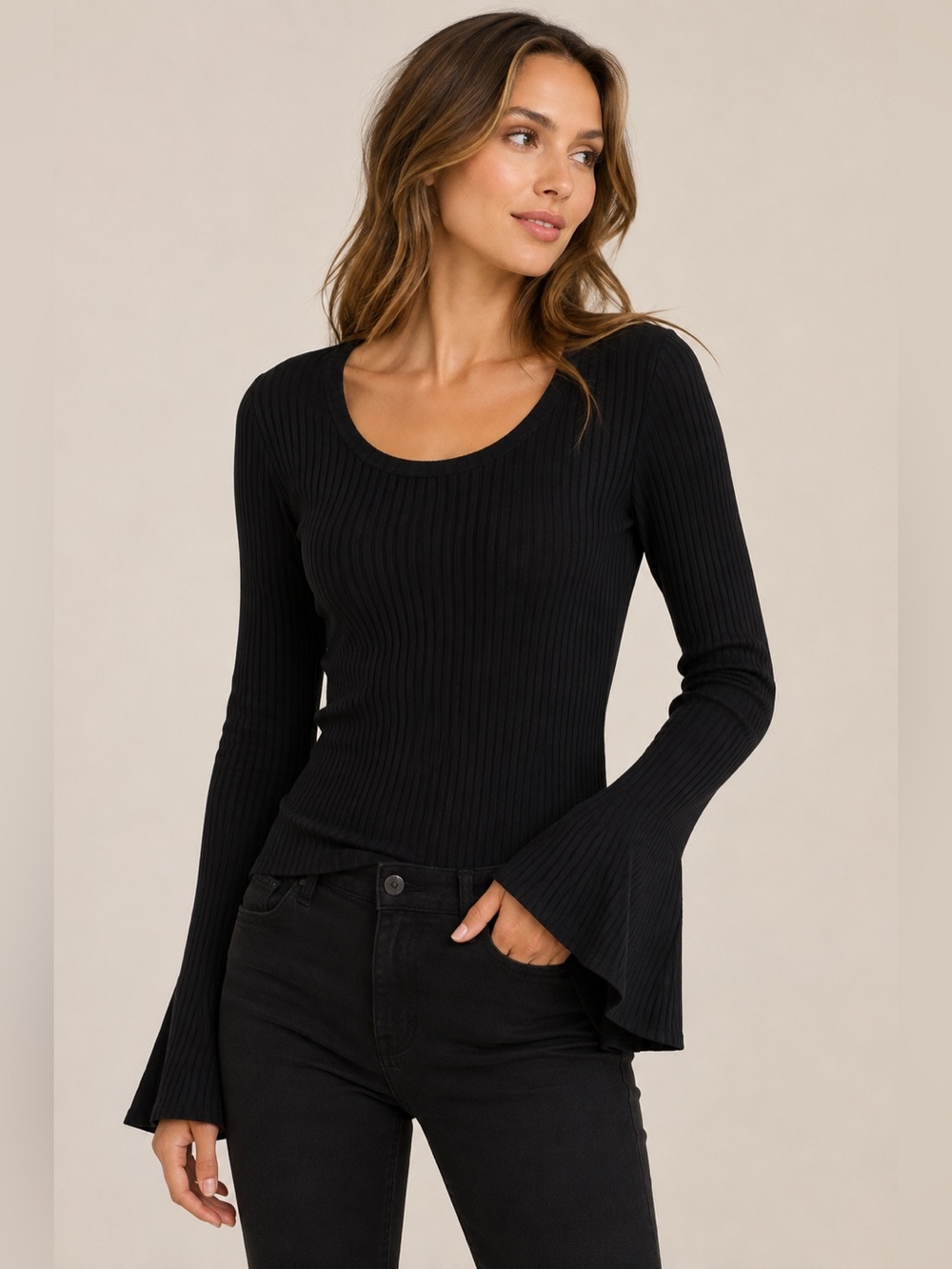 Carbon38 Black Ribbed Bell Sleeve Top Size M